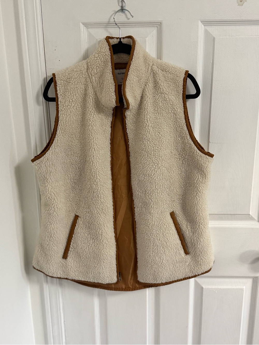 Old Navy Cream Sherpa Vest with Tan Trim